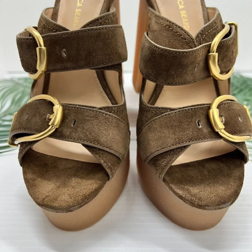Veronica Beard Garrick Brown Suede Dual Buckle Platform Sandals Size 6.5M NWB